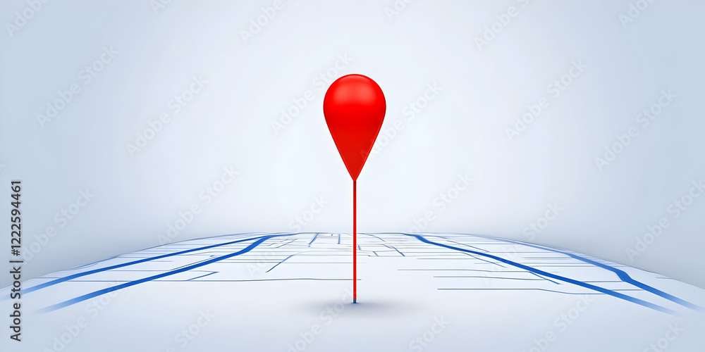 Poster 3d red location pin marks a specific spot on a map with blue lines clearly indicating roads and path