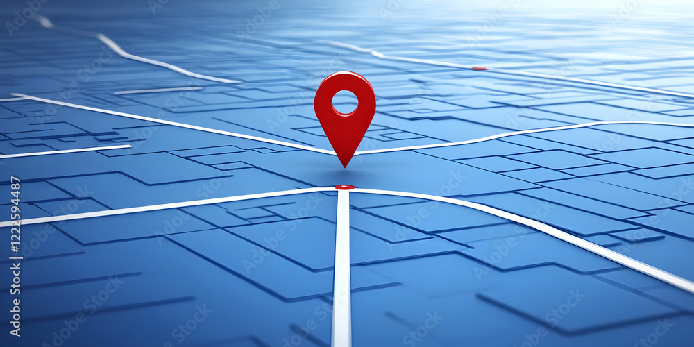 Aufkleber red location pin marks spot on abstract blue 3d map accurately showing precise position