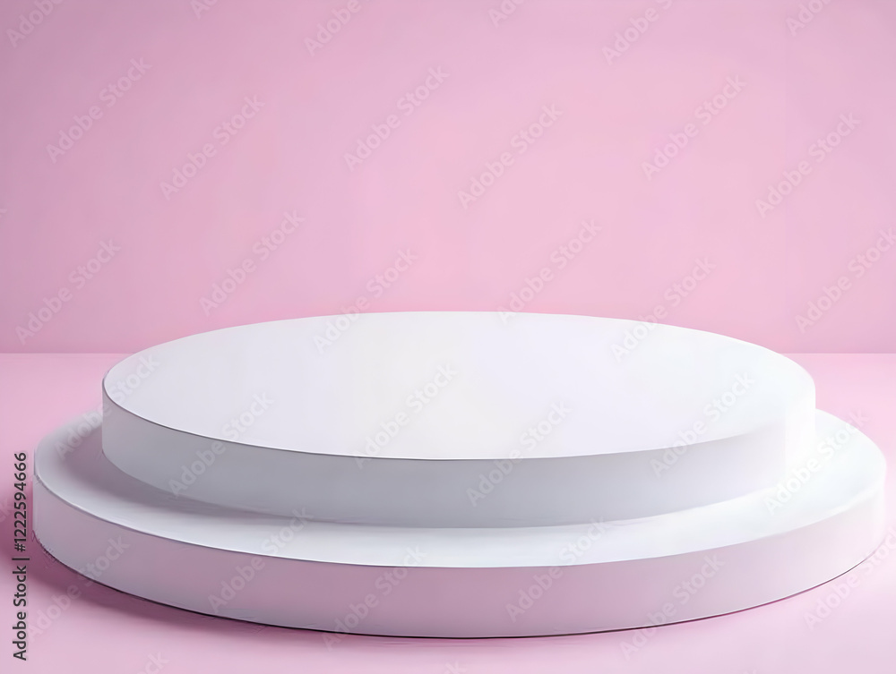 Poster two white round podiums stand on a pink surface creating a minimalist display