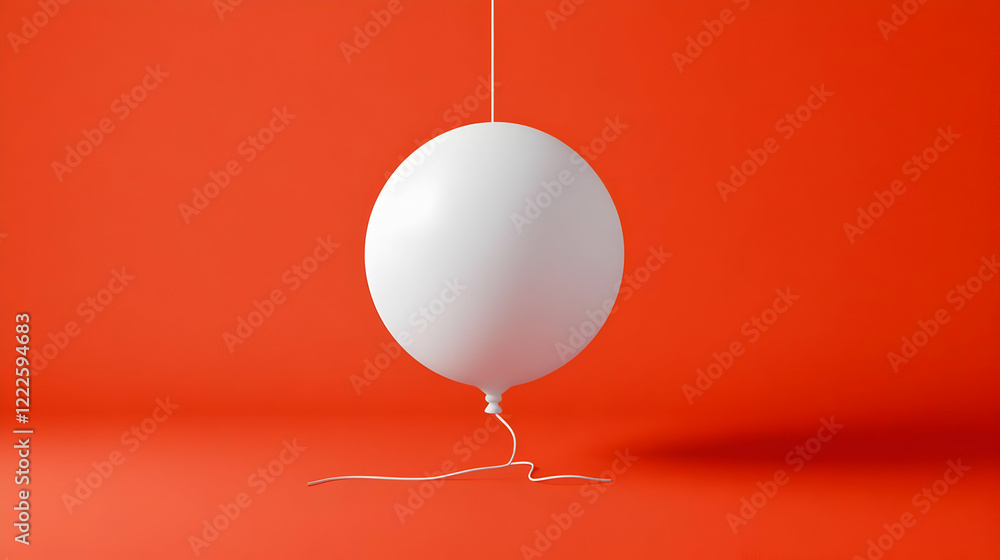 Poster a white balloon hangs suspended on a string against a vibrant orange backdrop in a simple compositio
