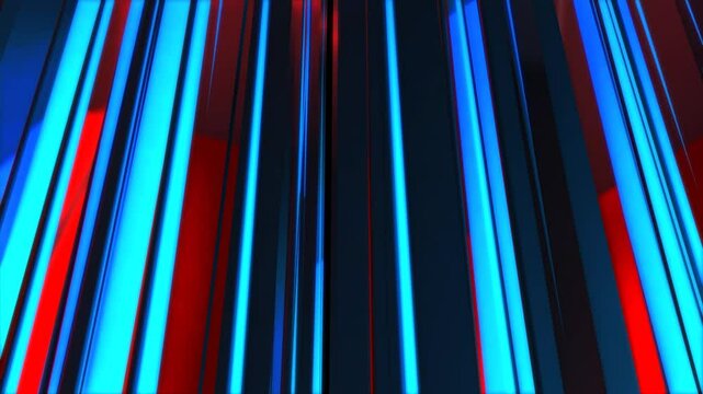 Tall reflective columns in glossy blue and red forming vertical neon stripes