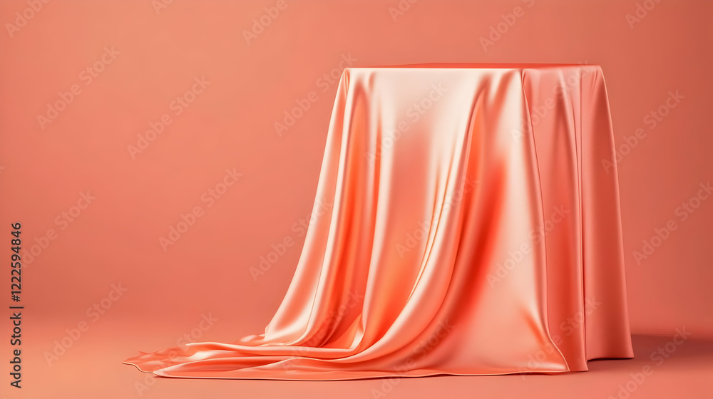 Poster elegant coral silk draped over a cube on a matching background for product display or presentation