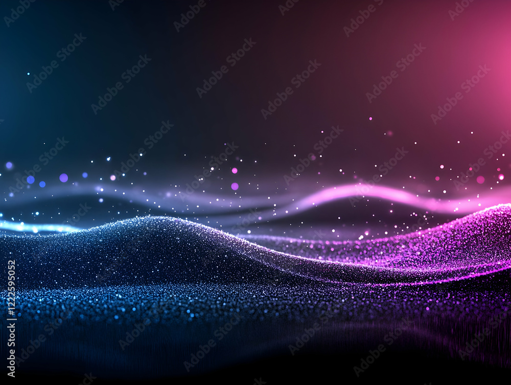 Poster abstract background flows with glowing particles dynamically in blue and pink hues