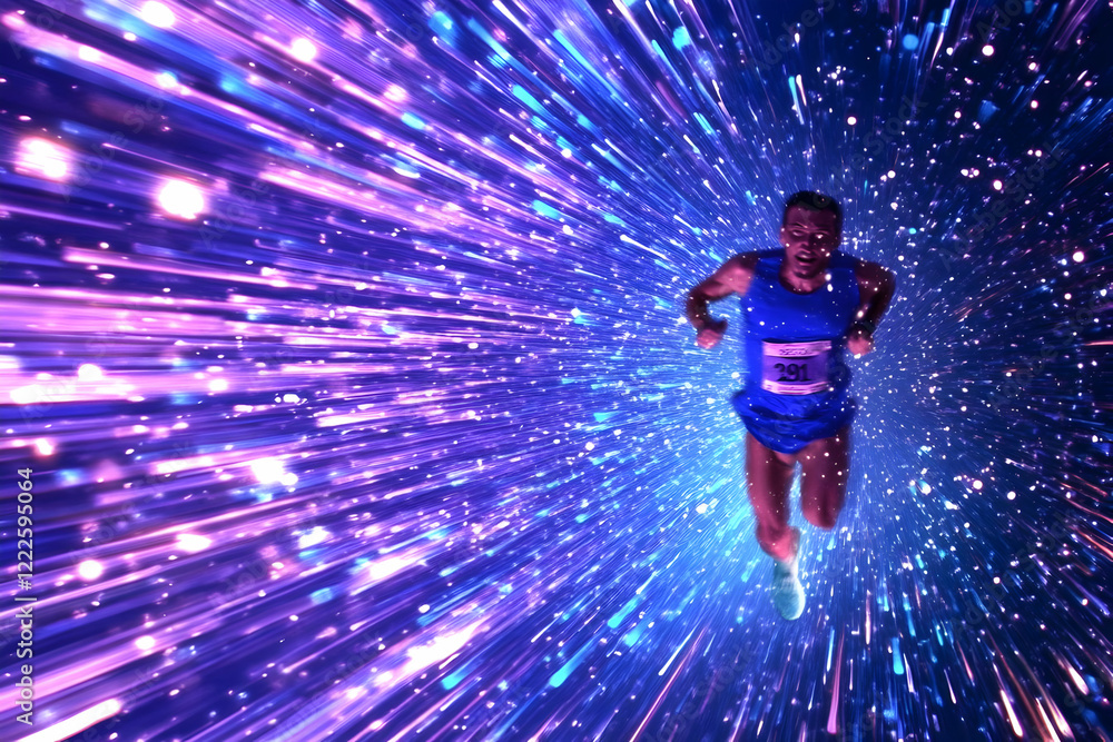 Poster runner sprints through a vibrant, abstract tunnel of light and energy, creating a dynamic visual.