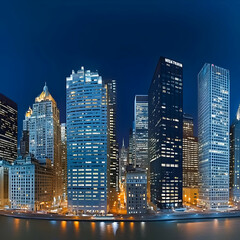 Naklejka premium Illuminated cityscape showcases towering buildings and a vibrant waterfront at night.