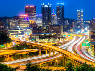Fototapeta premium Cityscape at Night: Illuminating Skyscrapers and Highways with Light Trails Elegantly