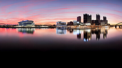 Panoramic Cityscape Reflects in Calm Water at Sunset with Bridges and Modern Buildings.