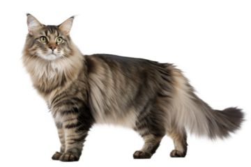 Norwegian Forest Cat Standing in Full Height at White Background. Norwegian Forest Cat Portrait Isolated on White. 