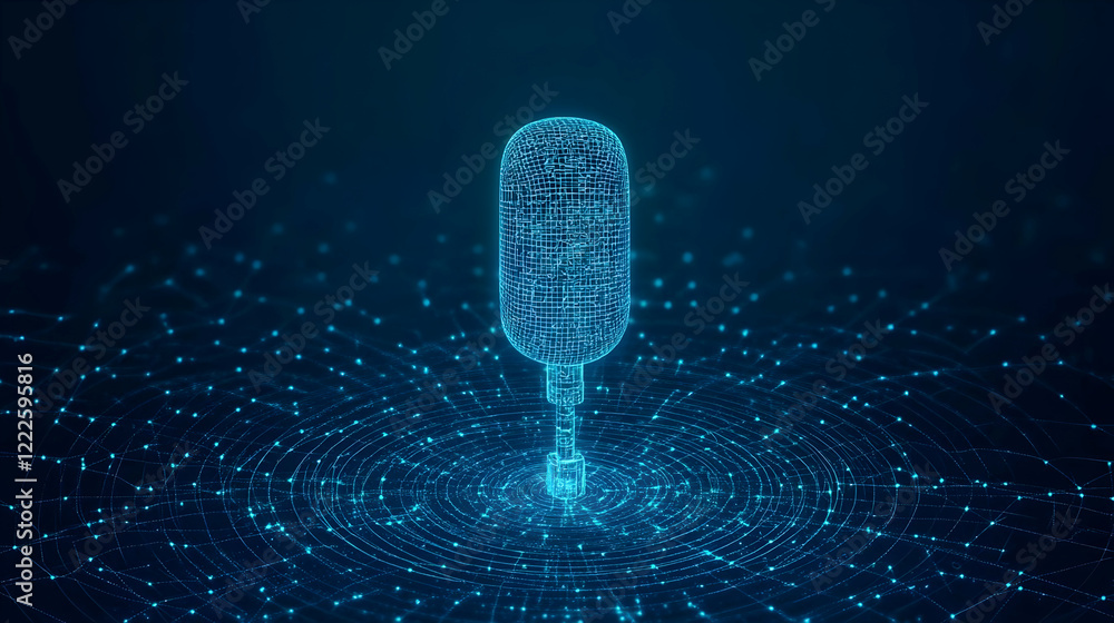 Poster 3d rendered digital microphone emits waves on futuristic grid background for audio tech