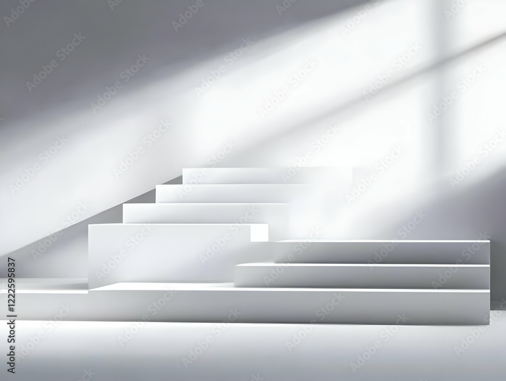 Poster white staircase display platform creates elegant showcase for products under soft lighting