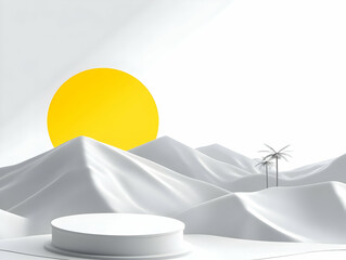 3D Podium Display with White Cloth Mountains, Palm Trees, and Yellow Sun Background