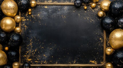 Gold and black balloons with frame celebration invite