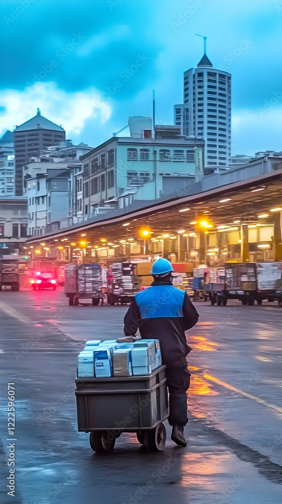 Poster worker pushes cart with packages at dusk in a busy city loading dock area with illuminated buildings