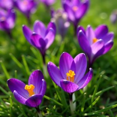 Purple crocus flowers in full bloom amidst green grass, crocus, blooming