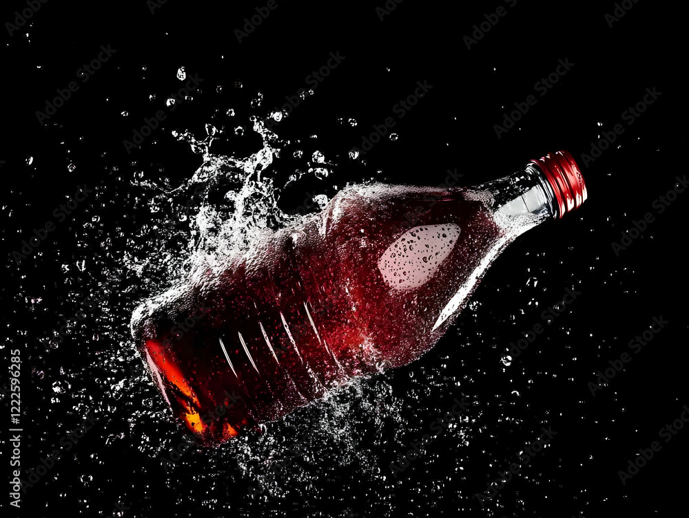 Poster red liquid bottle splashes dynamically on a black background with water droplets