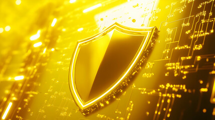 Digital Shield On A Golden Circuit Background, Highlighting Cyber Defense And Technology Security Solutions. Generative AI