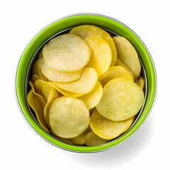 Thinly Sliced Potato Chips Fill a Green-Rimmed Bowl, Ready for Snacking Delightfully