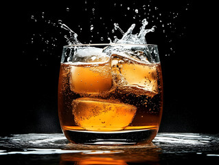 Amber Liquid Splashes Dramatically from Ice Cubes in a Glass with a Dark Background