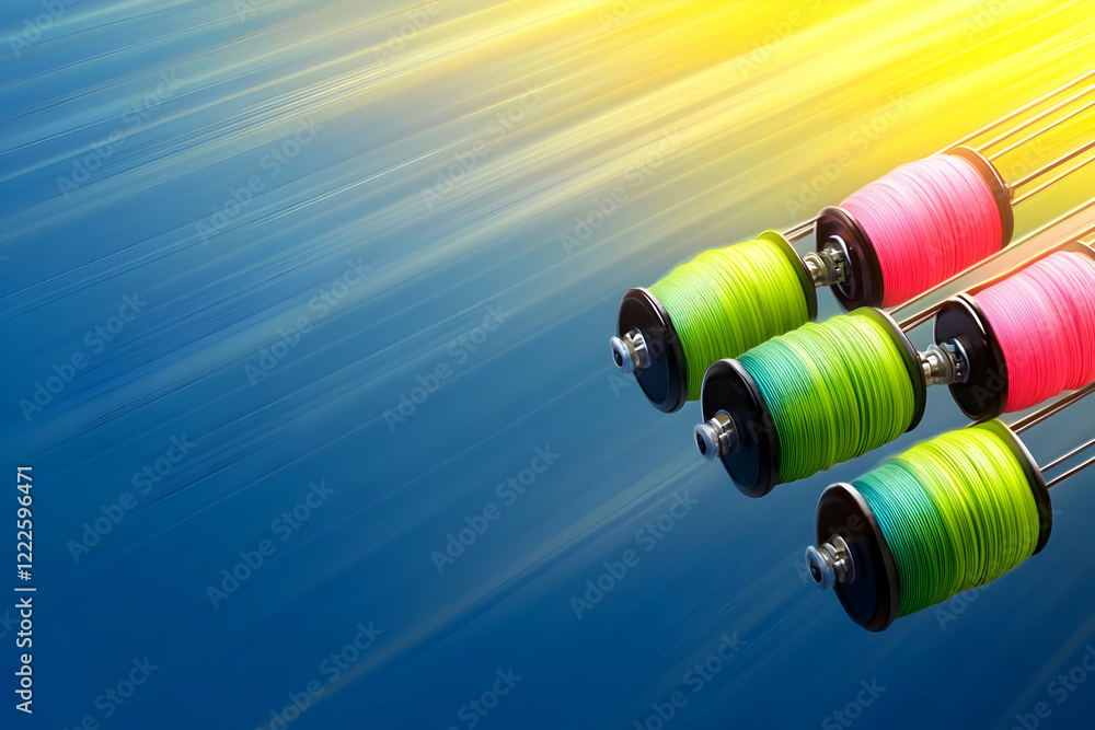 Poster colorful thread spools aligned on a rod against a dynamic blue backdrop with light rays