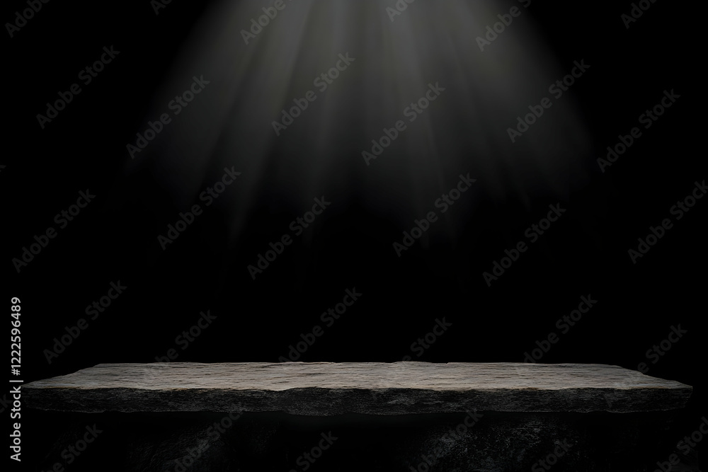 Poster empty stone table top with light rays illuminating it on a black background