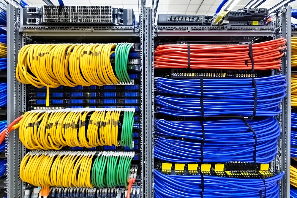 Aufkleber colorful network cables neatly organized in a server rack create a vibrant technological display.