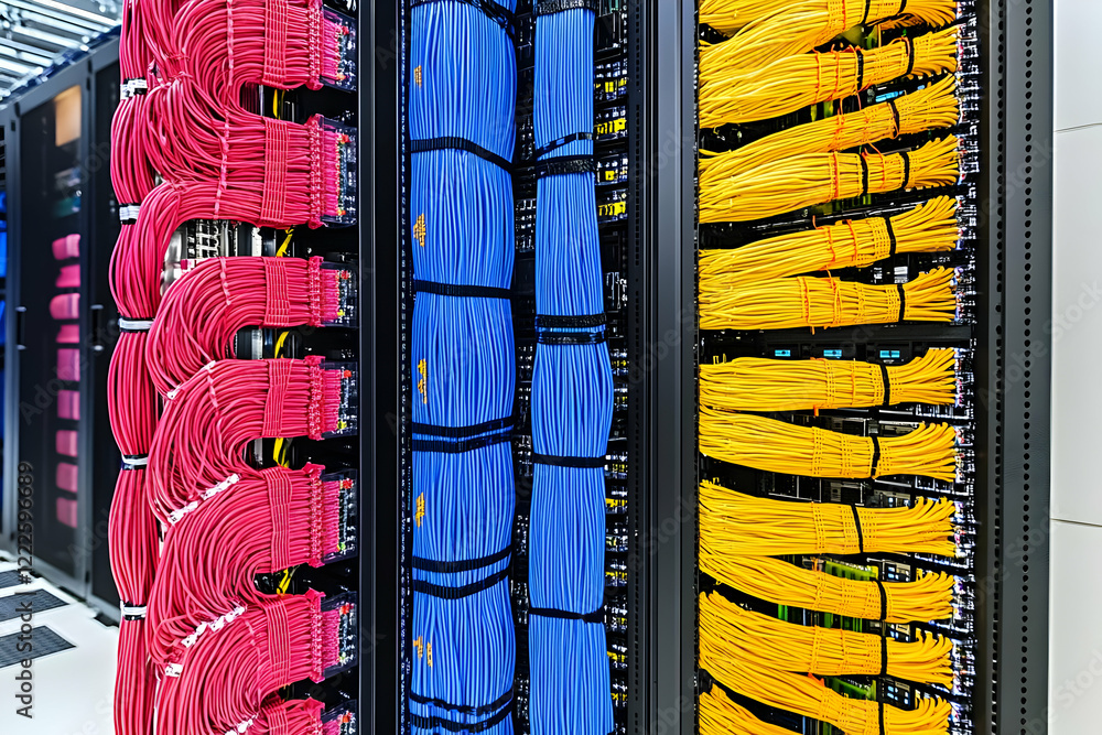 Poster colorful network cables neatly organized and connected to servers in a data center.