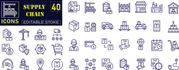 Vector Icon Collection for Supply Chain. This set includes line icons related to the supply chain, value chain, logistics, delivery, manufacturing, and commerce.