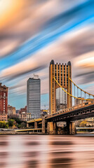 Fototapeta premium Cityscape with Suspension Bridge and Skyscrapers under a Streaked Sky Beautifully