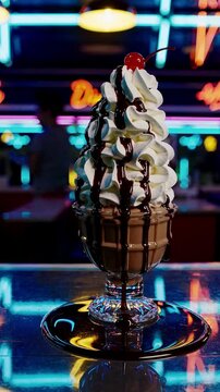 Static Low Angle, A tall ice cream sundae dripping with chocolate syrup, Set against a retro diner backdrop with neon signs, Cool blues and warm yellows, Harsh neon lighting, Nostalgic and lively.
