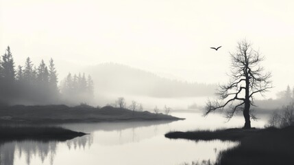 Fototapeta premium Misty lake landscape with solitary tree and bird in flight.