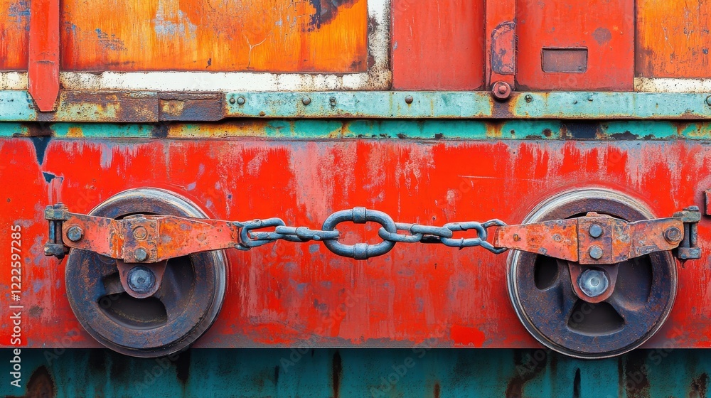 Poster close-up view of rusty train wheels connected by a chain against a colorful weathered backdrop