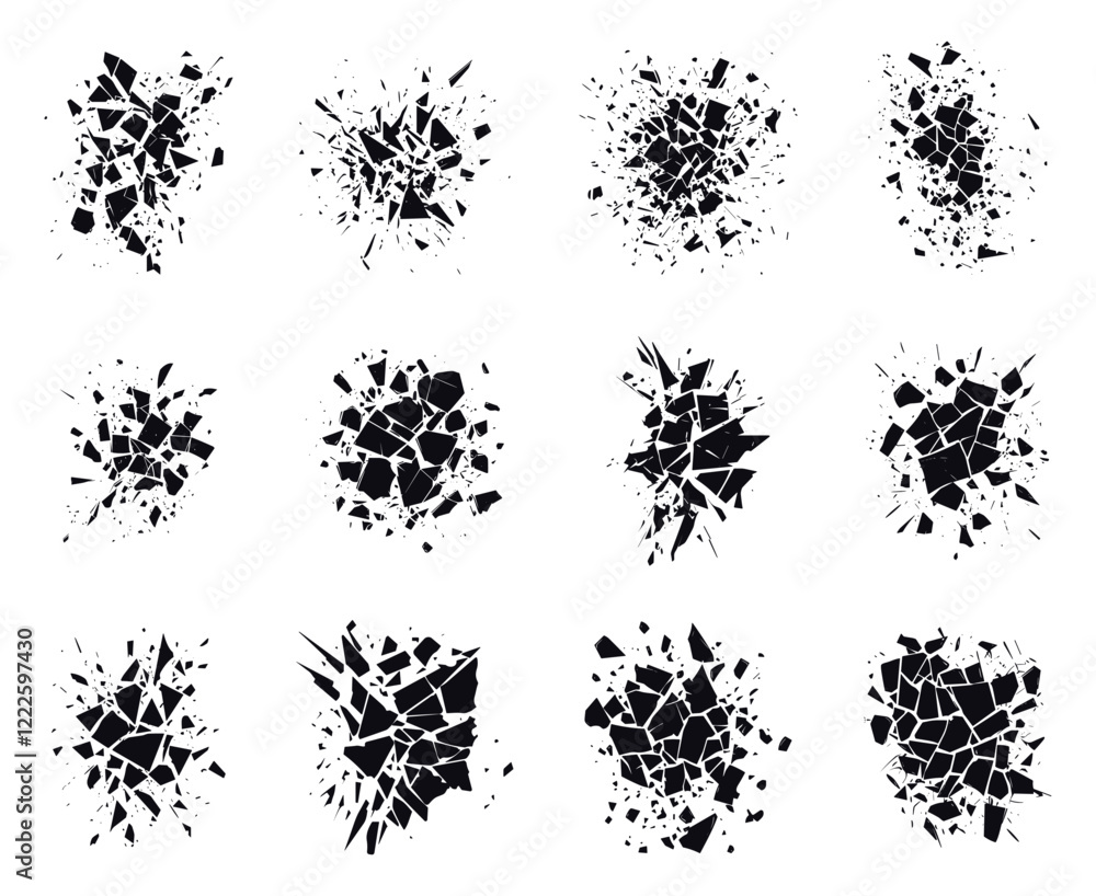 Poster abstract shattered element set. geometric explosion destruction broken particles. shatter dust burst