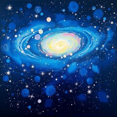 A detailed view of a mesmerizing blue galaxy filled with twinkling stars against a deep black background. Bold acrylic painting, vibrant colors, textured brushstrokes, mystic enchanting environment