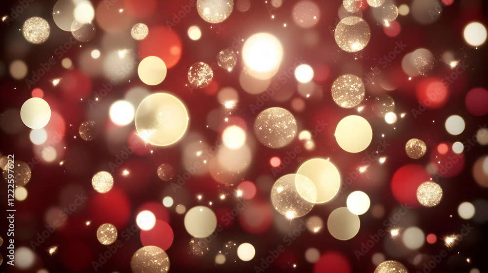 Poster abstract background with red and gold festive bokeh lights and sparkling glitter effect for holiday 