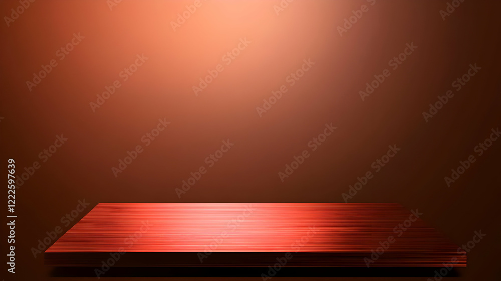 Poster red metallic platform shines under spotlight on gradient background with soft illumination for produ