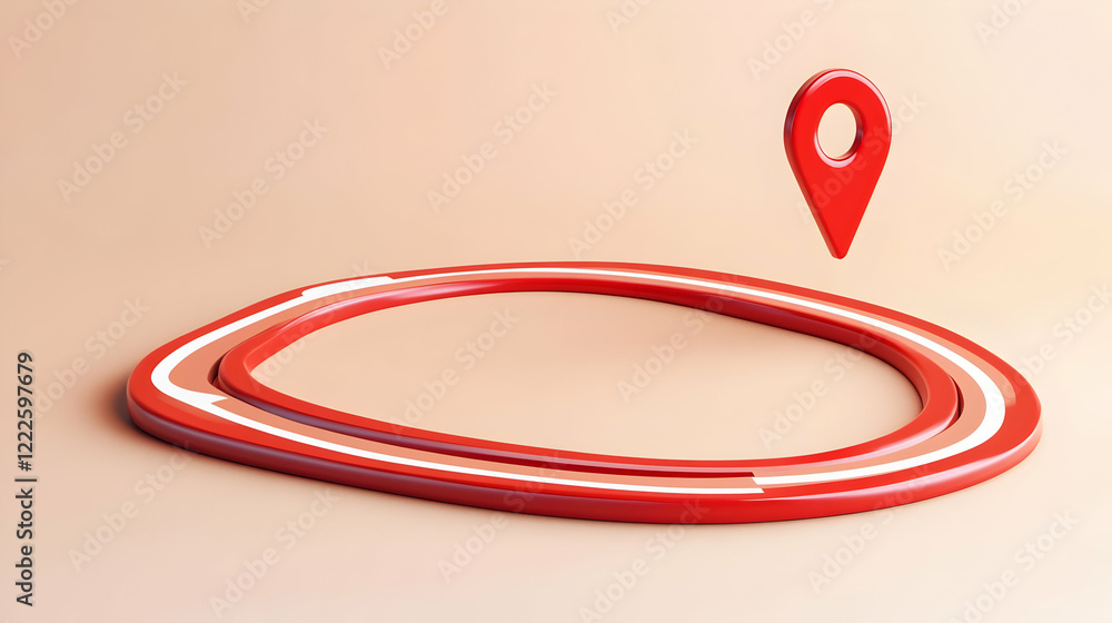 Poster 3d red location pin icon hovers above a circular track on a peach background