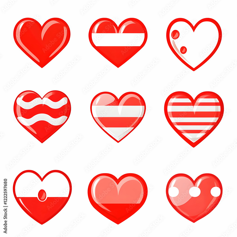 Aufkleber nine glossy red hearts with various white patterns and solid colors create a romantic design.