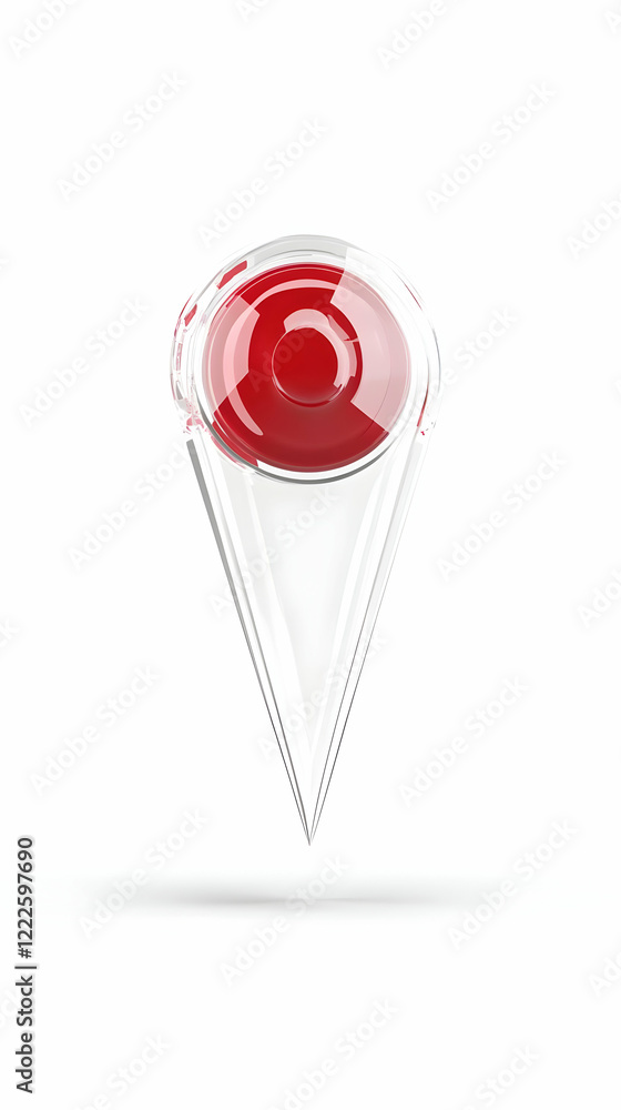 Poster 3d red and clear glass map pointer icon on white background with subtle shadow
