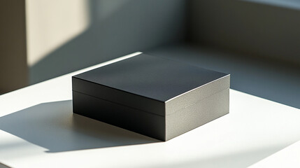 Black box placed neatly on a bright surface
