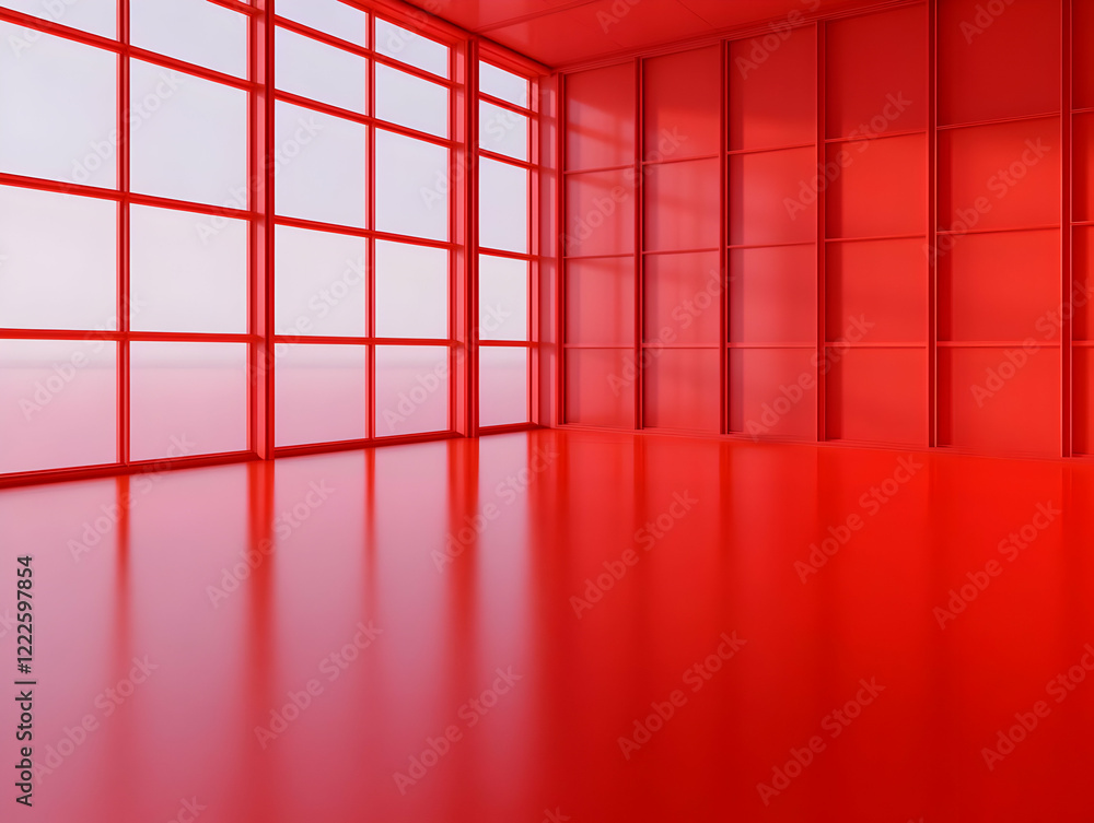 Poster red room with large window and glossy floor creates a modern minimalist space.