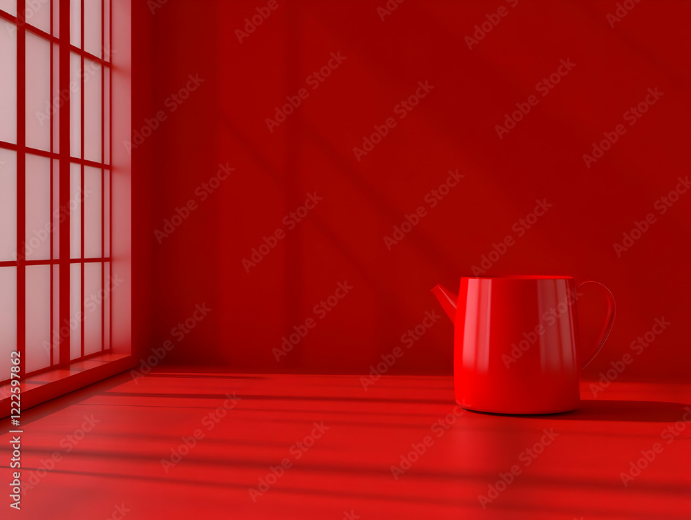 Poster red kettle sits on red floor by window with blinds in red room with shadows