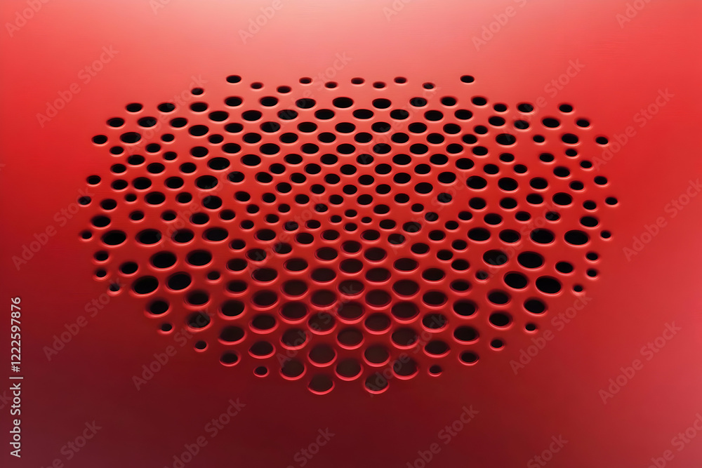 Poster red surface displays intricate circular pattern with varied hole sizes