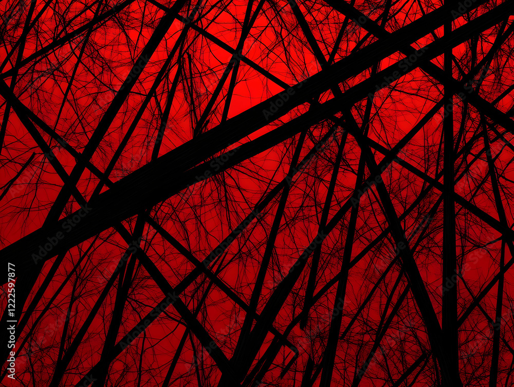 Poster abstract red background with intertwined black branches creates a dramatic visual.