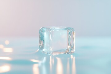 A glowing ice cube is slowly melting into a tranquil pool of soft blue water. The clean background enhances the calming effect, symbolizing the release of stress and serenity