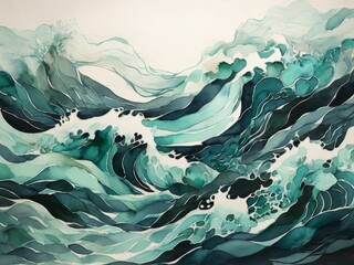This artwork captures the essence of a powerful ocean wave in motion, with shades creating a dynamic and energetic scene reminiscent of traditional Japanese art styles.