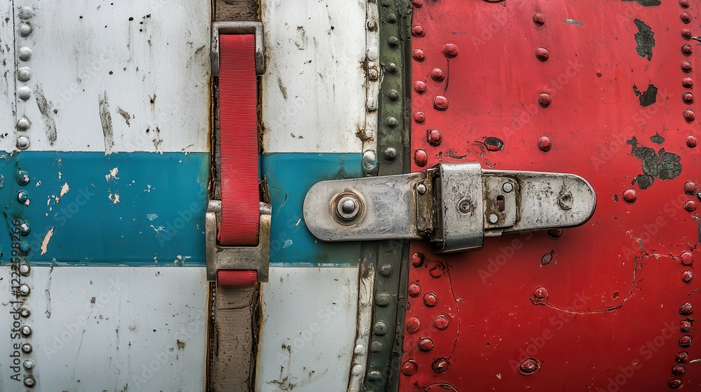 Poster close-up of a weathered metal surface featuring a rusty latch and colorful paint sections