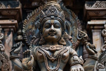Obraz premium Intricate stone carving of a hindu deity, adorned with ornate jewelry and headdress, embodying spiritual reverence within a temple's sacred space
