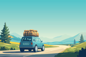 Automobile with bags on roof driving along highwway. Horizontal background. Car with luggage road trip. Nature travelling. Summer vacation holidays. Cartoon style vector illustration