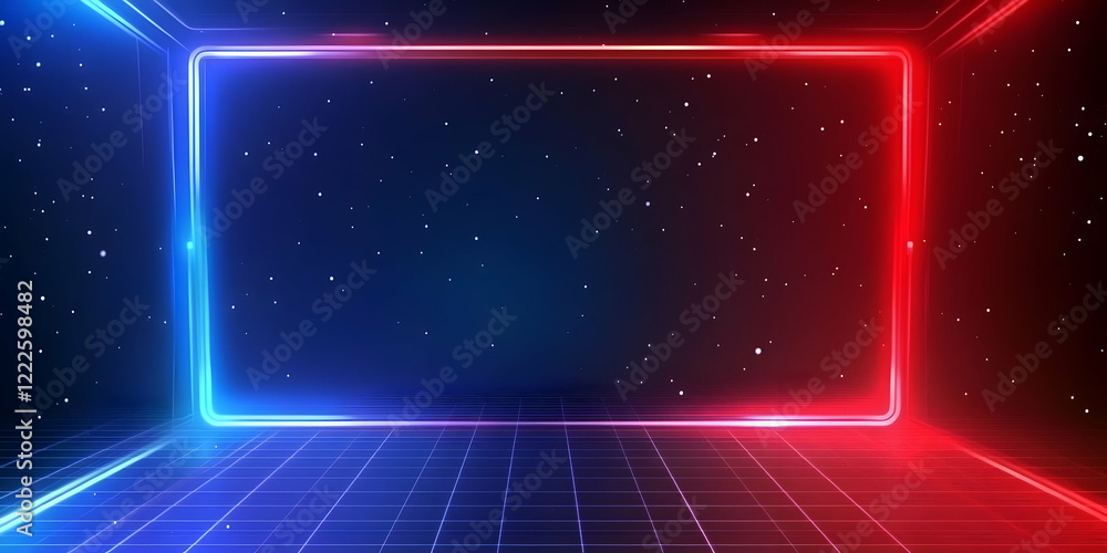 Poster neon lights frame illuminates a futuristic grid floor with sparkling particles background