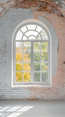 Arched Window Frames Lush Green View in a Brick Walled Room with White Wooden Floor